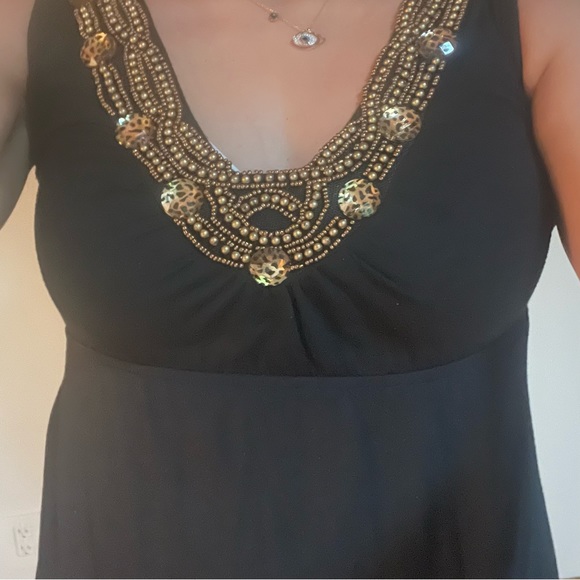 Stunning embellished babydoll deep scoop neck black blouse with gold beads-large - Picture 4 of 7